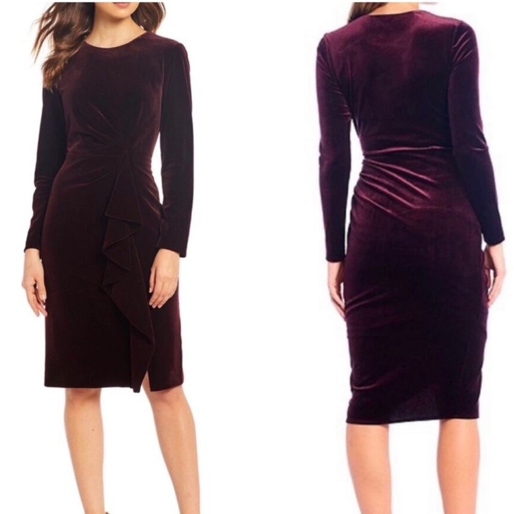 Soft-shimmer velvet Sheath Dress with a dramatic cascading ruffle in burgundy